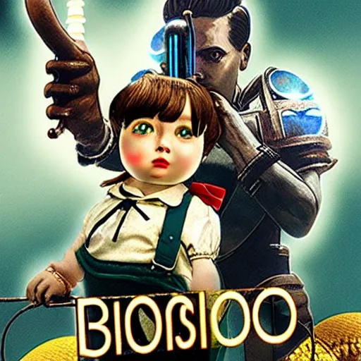 Image similar to movie poster for a live action bioshock movie featuring a big daddy and little sister with the underwater city of rapture in the background