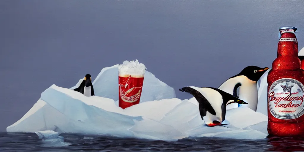 Image similar to a penguin drinking a Budweiser on an iceberg , cinematic lighting, detailed oil painting, hyperrealistic, 8k