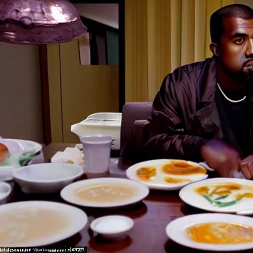 Image similar to kanye west made out of congee, michelin star photography, chinese food photography, kanye made out of congee 1 9 9 9