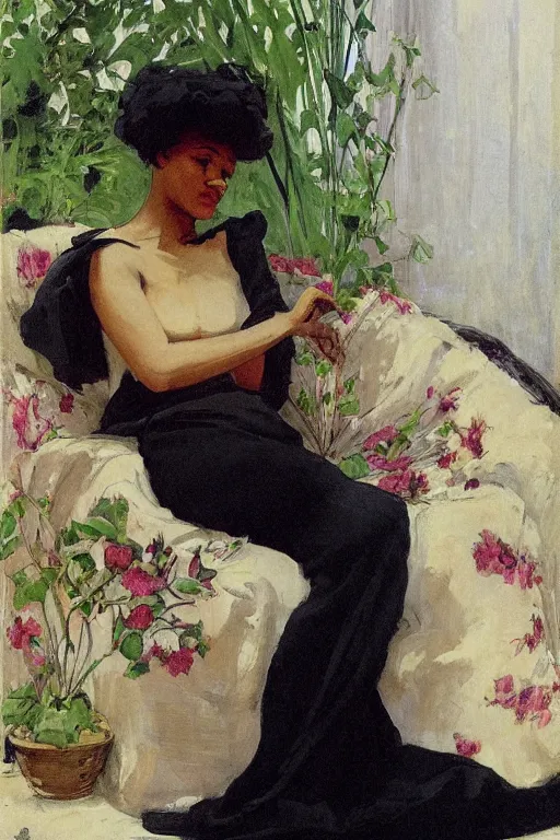 Image similar to black european woman in a gown laying on couch, bloom flowers, modern, eclectic, illustration, by ramon casas