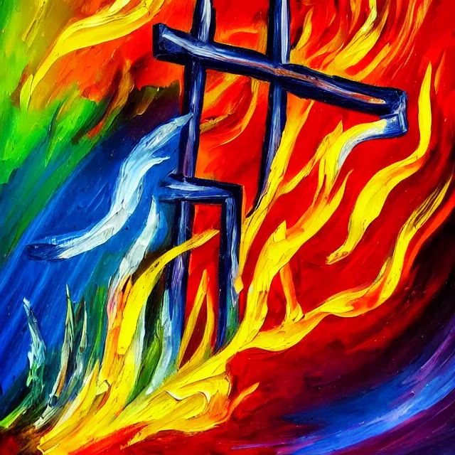 Prompt: cross on fire gushing flames in rainbow colors, oil painting, bold strokes