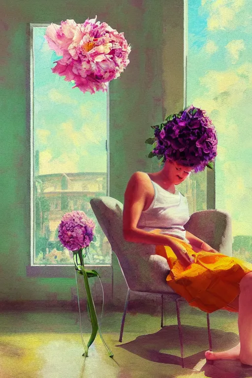 Image similar to closeup, huge flowers as head, woman sitting on lounge chair by a tall window, surreal photography, studio light, impressionist painting, digital painting, artstation, simon stalenhag