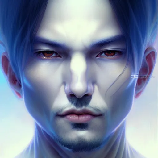 Image similar to ultra realistic illustration, a japanese male digital ghost, transparent, static, intricate, elegant, highly detailed, digital painting, artstation, concept art, smooth, sharp focus, illustration, art by artgerm and greg rutkowski and alphonse mucha