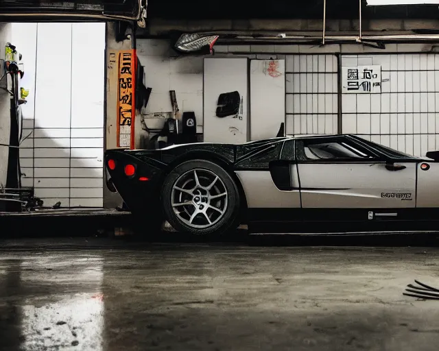 Prompt: 2006 garage, japanese, parts strewn around tools red tool box. black 2022 Ford GT on lift removed hood. Warm fluorescent lighting. Bladerunner 2049 (muted colors) scene. artstation trending. 45mm camera photo 2017. Street racer garage tokyo dull colors.