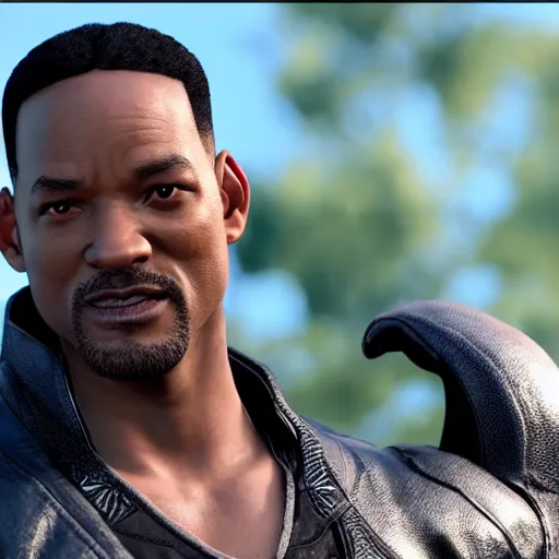 Image similar to a videogame still of Will Smith in Tekken 7, 40mm lens, shallow depth of field, split lighting