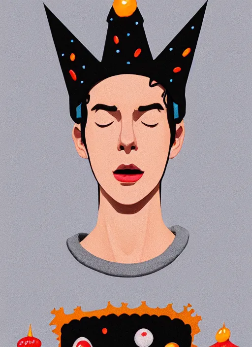 Image similar to portrait of teenage jughead jones wearing a light grey crown, symmetrical crown, sweater with picture of hamburger, eyes closed, crown, black hair, orange, intricate, elegant, glowing lights, warm lighting, highly detailed, digital painting, artstation, concept art, smooth, sharp focus, illustration, art by wlop, mars ravelo and greg rutkowski