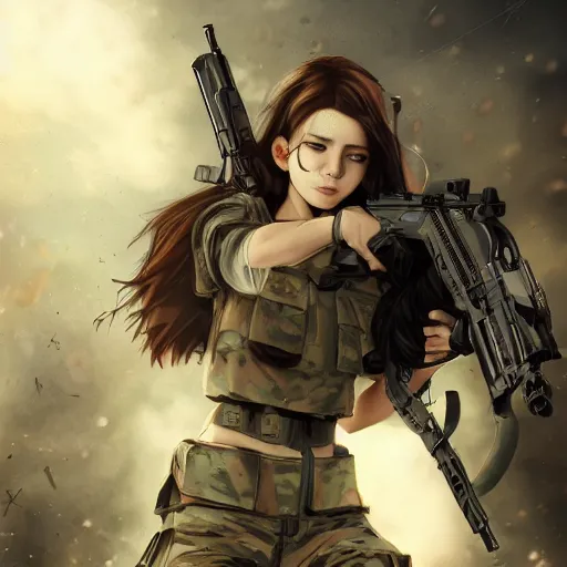 Prompt: soldier girl, modern warfare, ground explosion, anime style, long hair, hair down, symmetrical facial features, under heavy fire, hyper realistic, pale skin, 4 k, rule of thirds, extreme detail, detailed drawing, trending artstation, hd, fantasy, d & d, realistic lighting, by alphonse mucha, greg rutkowski, sharp focus, backlit