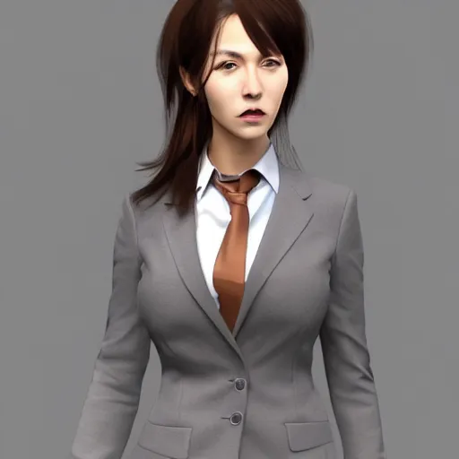 Image similar to woman in grey business suit, brown neat hair, pixiv, fanbox, trending on artstation, portrait, modern, sleek, highly detailed, formal, serious, determined, competent, colorized, smooth, charming, pretty, safe for work