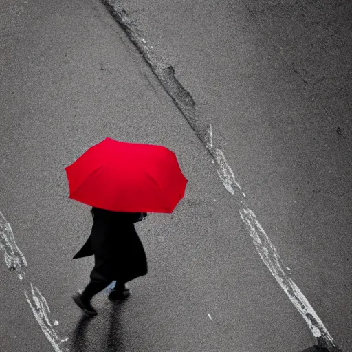 Image similar to A dramatic portrait of a detective in yellow rain coat , red umbrella , walking in a black and white street . Cinematic lighting