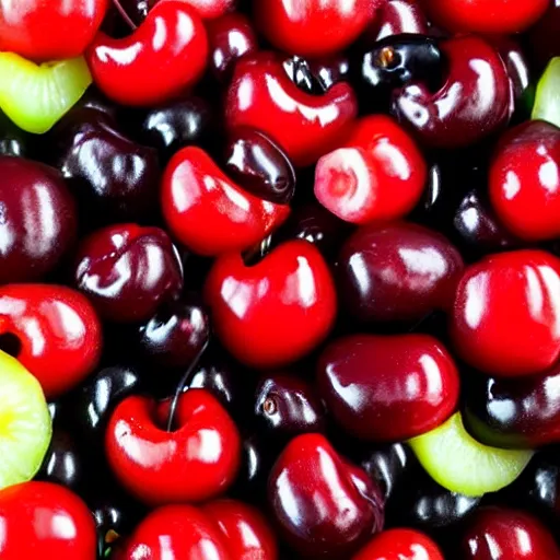 Prompt: cherries in a fruit salad, photorealistic