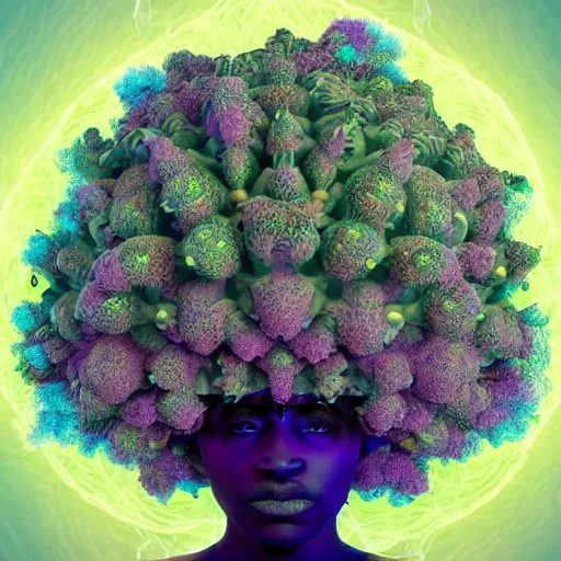 Image similar to an african marijuanna! shaman with an afro made of flowers, third eye art art by machina infinitum, complexity from simplicity, rendered in octane, mandelbulb 3 d, ambient occlusion, radiant lighting, macro photography, felt!!! texture, tribal, pastel! retrowave