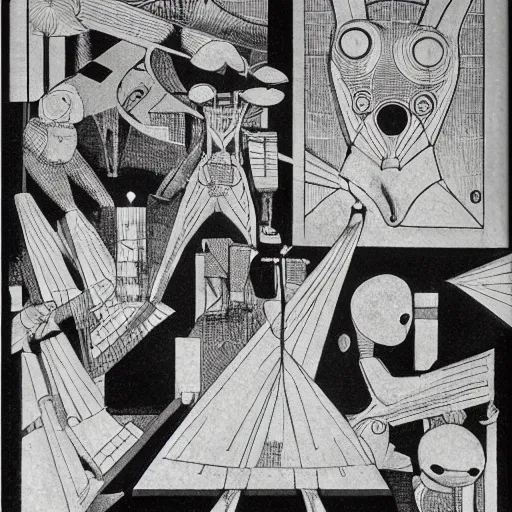 Image similar to rabbit robots. graphical work by anatoly fomenko and bilibin and lissitzky