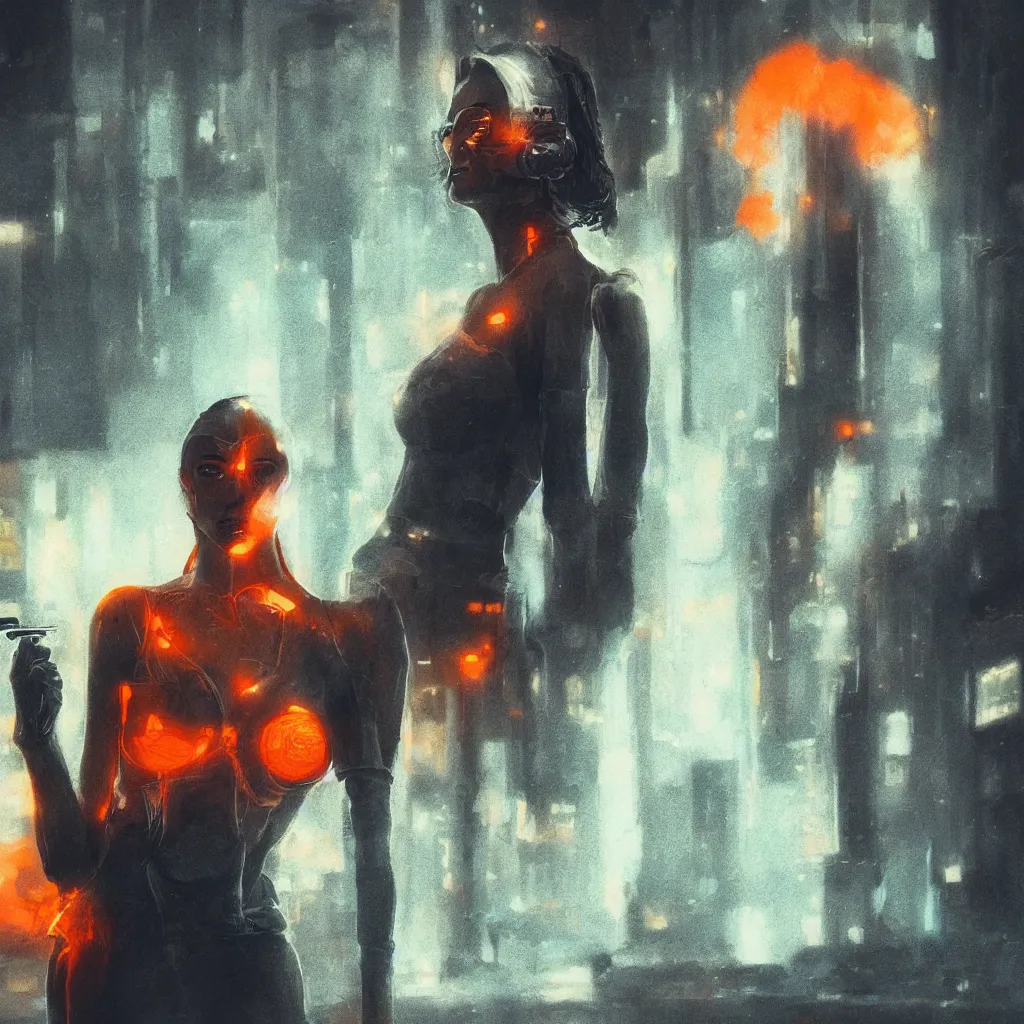 Image similar to portrait of beautiful guard hiding her chest with her arms, dystopian cyberpunk orange smoke detailed