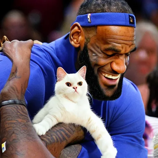 Image similar to Lebron James is playing with a cute ragdoll cat