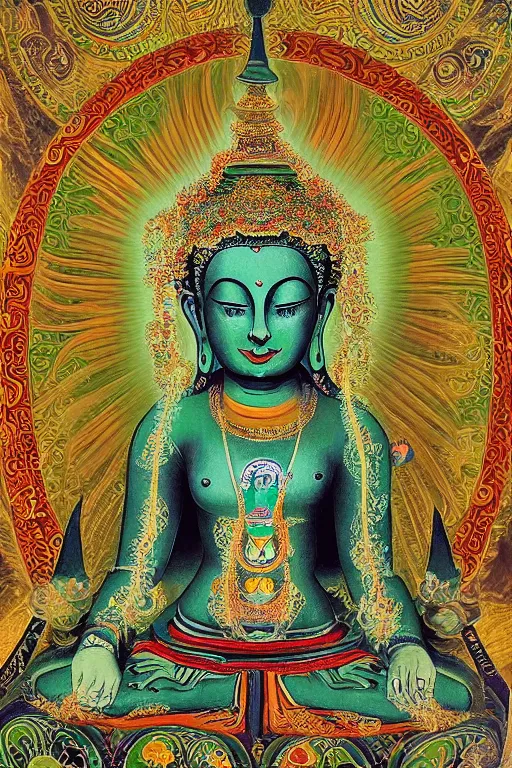 Prompt: A very Beautiful Green Tara portrait, a geometric figure representing the universe in tibet and Buddhist symbolism, Shine in of the Mandala background by H. R. Giger,portrait,ཐང་ཀ་,ཛཾ་བྷ་ལ།,symmetrical, 8k resolution, photorealistic, high detail ,Unreal Engine, Trending on artbreeder. Green color scheme