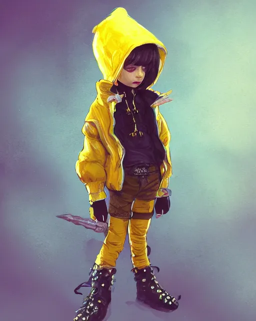 Image similar to a tiny punk kid wearing a puffy yellow jacket and a wizard wand, smooth, intricate, elegant, digital painting, artstation, concept art, sharp focus, illustration, art by ayami kojima, valorant character,