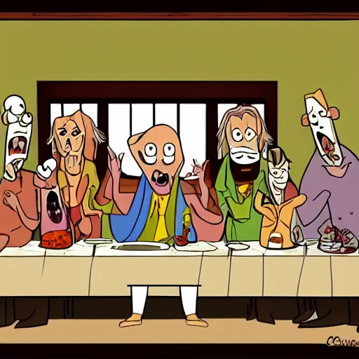 Prompt: the last supper in the style of courage the cowardly dog, detailed, hd, cartoon art,