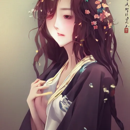 Image similar to realistic beautiful gorgeous natural cute drunk blushed girl in kimono art drawn full HD 4K highest quality in artstyle by professional artists WLOP, Taejune Kim, yan gisuka, JeonSeok Lee, artgerm, Ross draws, Zeronis, Chengwei Pan on Artstation