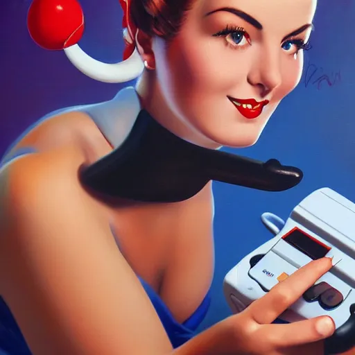 Prompt: a realistic painting of a pin up girl holding a SNES controller, by Alberto Vargas, highly detailed and intricate, photorealistic, cinematic lighting 4k