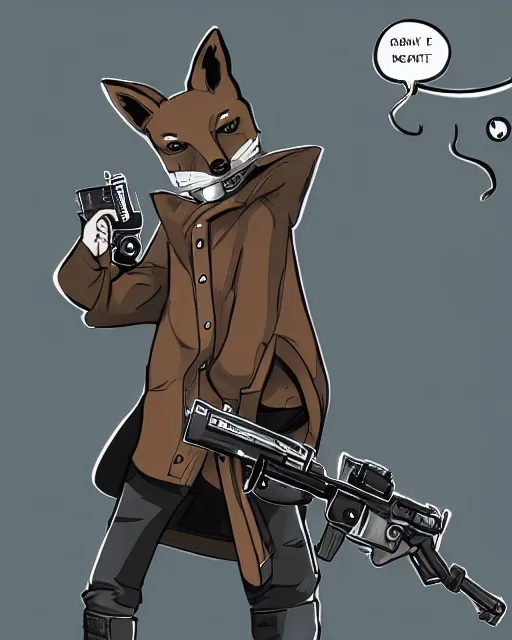 Image similar to a fox wearing a black trench - coat holding a mini - gun, comic art style, digital art,