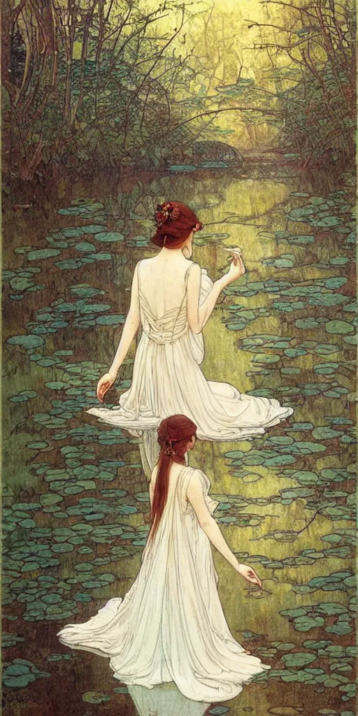 Image similar to a beautiful painting of the back view of a young lady in white dress sitting by the river in a grown forest, looking at her reflection on the water, sunlight reflected on the river, Mucha, Moebius, Mohrbacher