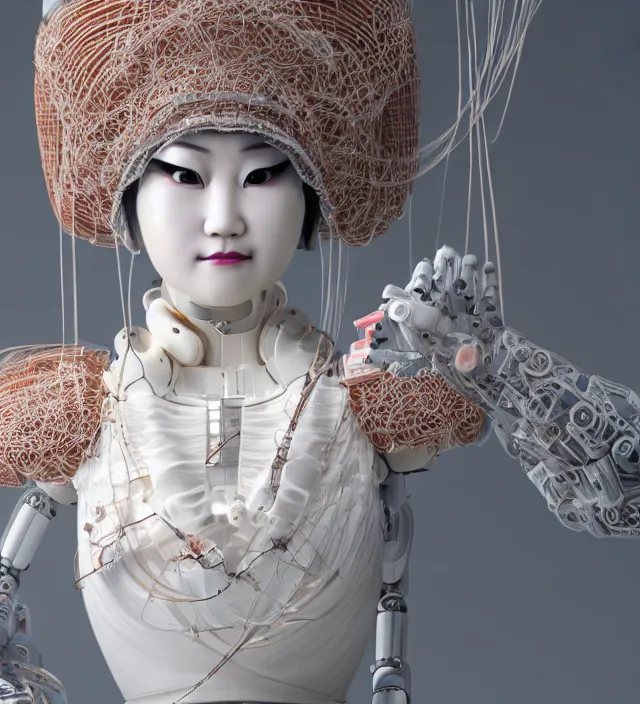 Image similar to portrait of a beautiful japanese robotic geisha with wires and actuators, porcelain white face, dramatic lighting, hyper - realistic, ultra - realistic, intricate details, japanese model, 8 k ultra high definition, octane render