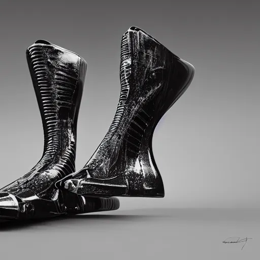 Image similar to futuristic balenciaga and vetements sneakers in giger style on gradient background, ultra rendered extreme realism and detail, 8 k, highly detailed, realistic, completely framed, pbr, hyper realistic, photorealistic, sharp focus,