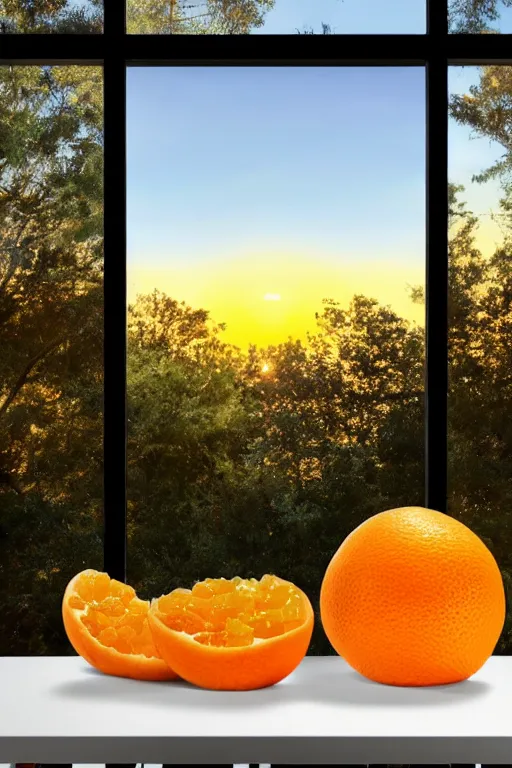 Image similar to a giant cubic orange and yellow crystal on a white table near a window at sunset, hyperrealistic, highly detailed, high qualit, 8K, godrays, warm lighting, path traced, high coherence, calm, macro photo, symmetrical, photorealistic, low contrast, serene landscape, beautiful, geometric