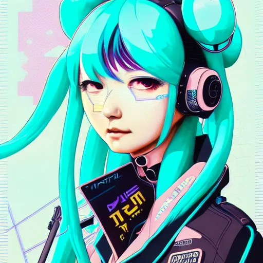 Image similar to high quality high detail 3 / 4 portrait of a hatsune miku as diesel punk character in an futuristic world, techwear, tristan eaton, victo ngai, artgerm, rhads, ross draws, hyperrealism, intricate detailed, alphonse mucha, pastel colors, vintage, artstation