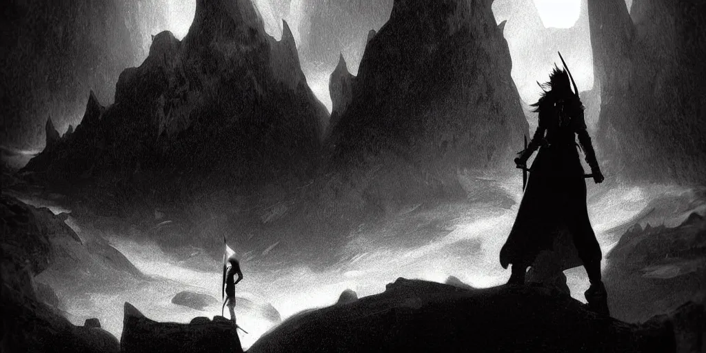 Image similar to epic portrait cinematic shot an female with large sword runnning in a cave of an giant, cloudy, foggy, storm, night setting. realistic shaded lighting poster by craig mullism, radiant light digital art, kvlt by peder balke by theodor kittelsen by guido crepax by norman bluhm mystic high contrast monochromatic noir