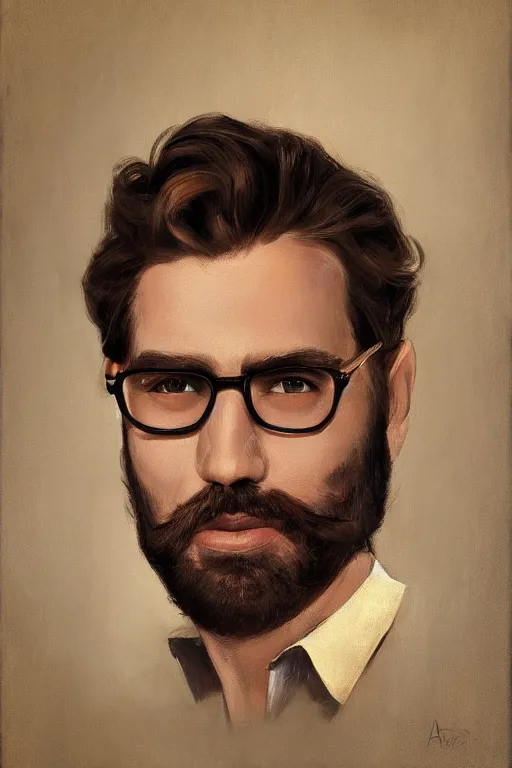 Prompt: portrait of handsome brown-haired bearded man with glasses, by Petros Afshar, Henry Justice Ford, Rolf Armstrong, Mark Arian oil-painted, trending on Artstation,