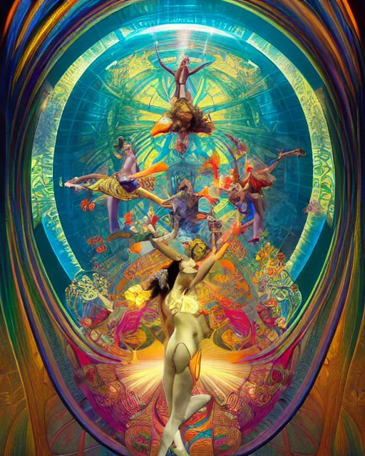 Image similar to a cirque du soleil in a morning dreamland, coherent design, symmetrical, vivid color, complementary color, golden ratio, detailed, sharp lines, intricate, rainbowshift, by james gurney, by brian froud, by peter mohrbacher, by alphonse mucha, by maxfield parrish, by karol bak, deviantart, octane render