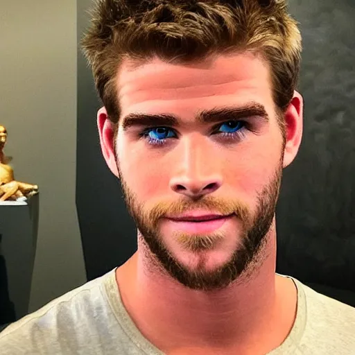 Image similar to “ a realistic detailed photo of a guy who is an attractive humanoid who is half robot and half humanoid, who is a male android, actor liam hemsworth, shiny skin, posing like a statue, blank stare, at the museum, on display ”