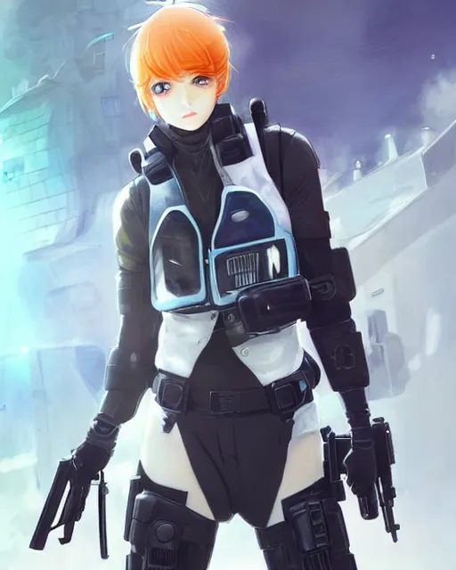 Image similar to nami, anime key visual of a young female swat officer, neon, cyberpunk, futuristic, white outfit, black swat vest, swat helmet, holding pdw, stunning, highly detailed, digital painting, smooth, soft focus, illustration, 4 k digital art from artstation by artgerm and greg rutkowski and alphonse mucha