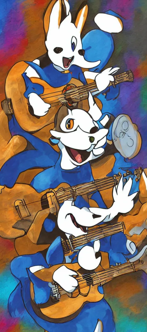 Prompt: K.K Slider playing guitar at a concert with lucario, portrait full body, digital art, high quality, detailed, beautiful colors, mesmerizing