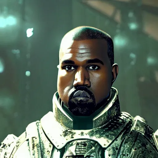 Image similar to Kanye West as the emperor of humanity from warhammer 40k in Gears of War, splash art, movie still, cinematic lighting, detailed face, face, dramatic, octane render, long lens, shallow depth of field, bokeh, anamorphic lens flare, 8k, hyper detailed, 35mm film grain