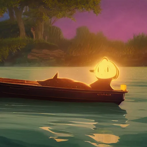 Image similar to a wholesome animation key shot of a black cat! on a boat! close to the shore in the night, medium shot, studio ghibli, pixar and disney animation, sharp, rendered in unreal engine 5, anime key art by greg rutkowski, bloom, dramatic lighting