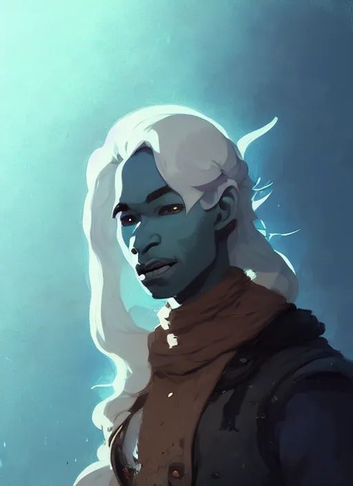 Image similar to ( ( ( ( ( portrait of male drow from dungeons and dragons. ) ) ) ) ) by atey ghailan, by greg rutkowski, by greg tocchini, by james gilleard, by joe fenton, by kaethe butcher, dynamic lighting, gradient light blue, brown, blonde cream and white color scheme, grunge aesthetic