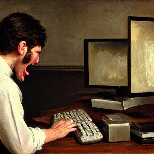 Image similar to an angry man yells at his computer monitor, oil on canvas, 1 8 8 3, highly detailed, high resolution