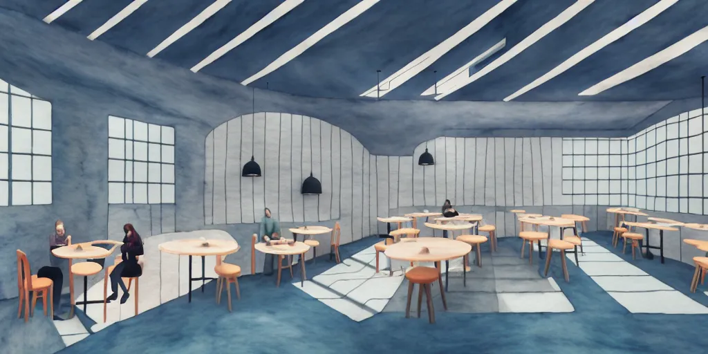 Image similar to an indoor modern cafe, watercolor and wool felting style, design by beeple, isometric style