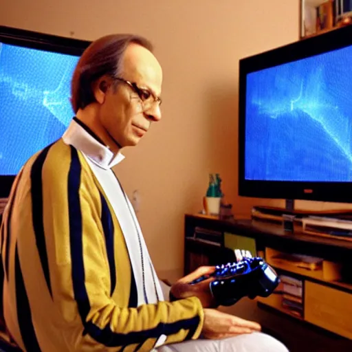 Prompt: A very good photo portrait of Immanuel Kant playing Metroid Prime on WII, 8K, magnum collection