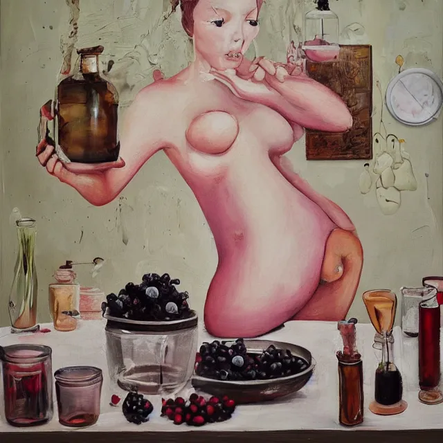 Prompt: sensual, a portrait in a female art student's apartment, pancakes, milk ; maple syrup, woman holding pork from inside a painting, berries, pig, houseplants in scientific glassware, art supplies, a candle dripping white wax, berry juice drips, neo - expressionism, surrealism, acrylic and spray paint and oilstick on canvas