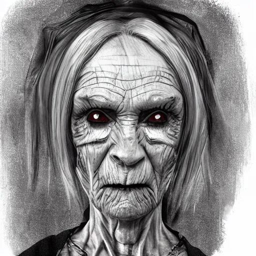 Image similar to portrait, headshot, photo of an old creepy woman, muntant, hyperdetailed, concept art,-H 768