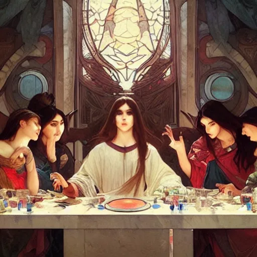 Image similar to The Last Supper Beautiful painting by Artgerm and Greg Rutkowski and Alphonse Mucha