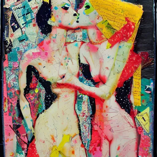 Image similar to two women kissing at a carnival, mixed media collage, retro, paper collage, magazine collage, acrylic paint splatters, bauhaus, layered paper art, sapphic visual poetry expressing the utmost of desires by jackson pollock