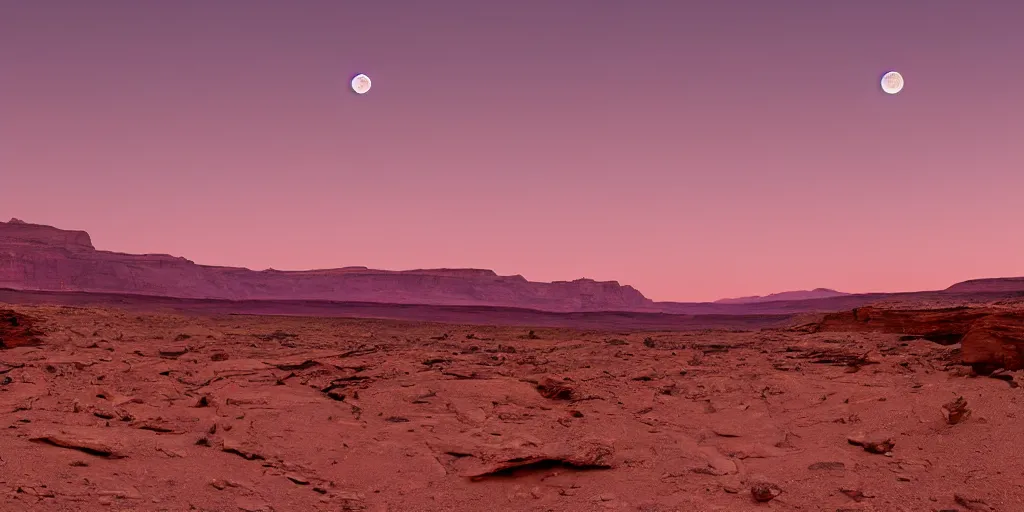 Prompt: a view looking out of a cave of a dried up river bend running through a canyon surrounded by desert mountains at sunset on mars, purple sky, two moons, planet mars, moab, utah, a tilt shift photo by frederic church, trending on unsplash, hudson river school, photo taken with provia, national geographic photo