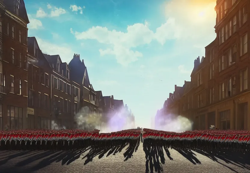 Prompt: a wwi army parade down a town street, first world war, british, blue sky, 2 0 th century, sunny, detailed, volumetric, cinematic lighting, realistic, digital art