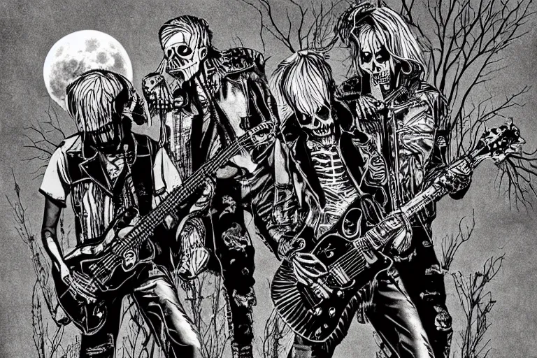 Prompt: skeleton punks with fingers of a goat in leather jackets play guitars and screams in the cemetery, punk concert, mohawks on the head, dark night, full moon, crows on the oak tree, highly detailed digital art, photorealistic