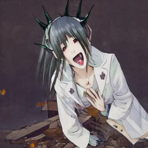 Prompt: cute japanese girl with small horns, sharp and pointy vampire teeth, dressed in an old white coat, praying on the floor of a destroyed church, with her eyes and mouth closed and an evil smile, full body, complex artwork by Takehito Harada