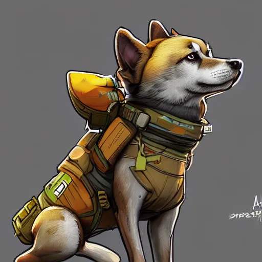 Image similar to shibu dog, apex legends artstyle, digital art, character design, masterpiece